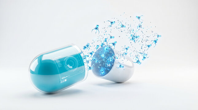 Open medical capsule revealing glowing blue futuristic nanobots swarming out against clean white background showcasing advanced digital healthcare and modern microscopic medical technology