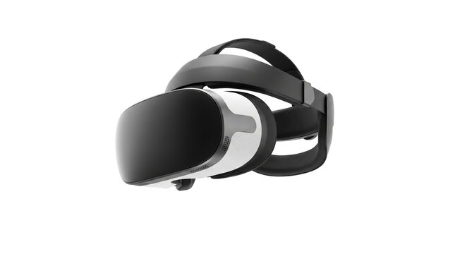 Modern black white virtual reality headset hovering against pure empty background representing futuristic digital entertainment gaming metaverse simulation interactive visual technology