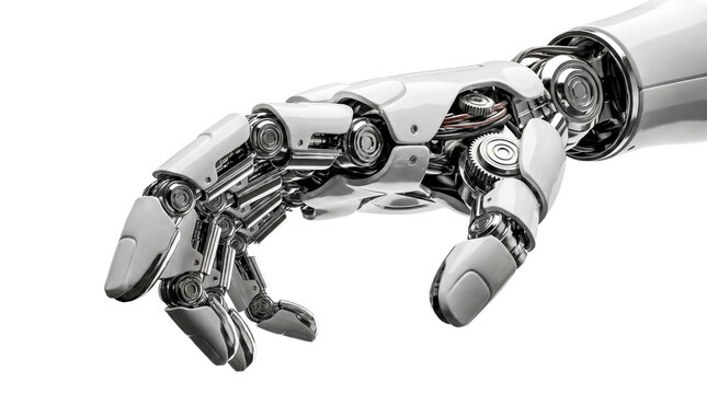 Advanced futuristic robotic arm resting horizontally against pure blank background showcasing complex mechanical engineering chrome metal joints artificial intelligence manufacturing technology
