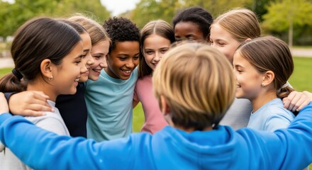 Obraz premium Group of Diverse Children Embracing Friendship and Teamwork Outdoors in a Park