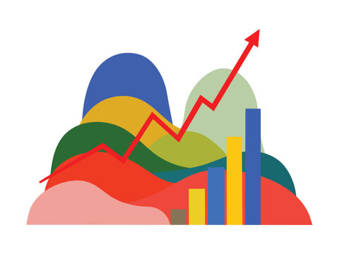 Abstract business growth concept with colorful mountain shapes bar chart and red upward arrow representing success and data