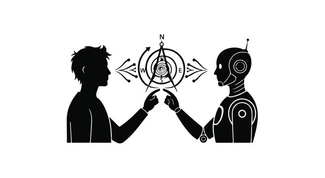 Human and robot silhouettes touch fingers to signify the future of artificial.
