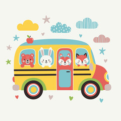 Naklejka premium Cute Animals Riding School Bus, Back to School, Children's Illustration