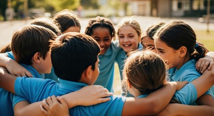 Fototapeta premium Group of Children in Blue Shirts Engaging in Team Activity Outdoors