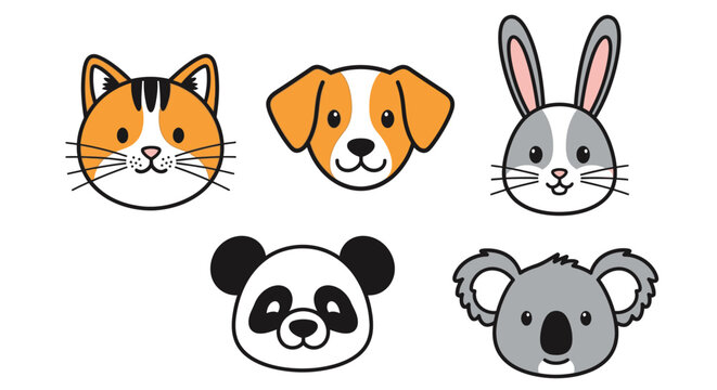 Cartoon animal heads cat dog rabbit panda and koala on a white background