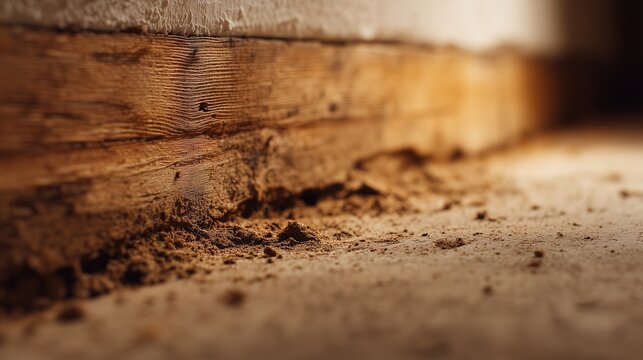 Basement wall skirting with termite-eaten wood, frass debris on concrete floor indicating termite control structural damage repair need.