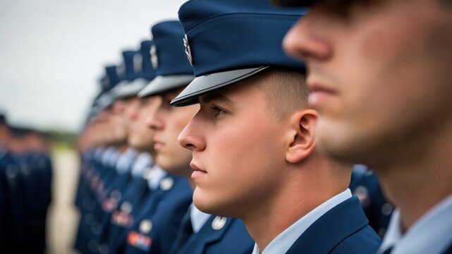 Military Personnel in Uniform During Ceremony with Focus on Young Male Airman