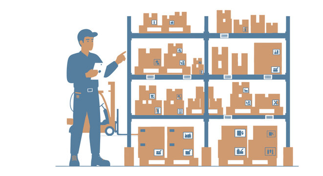 Warehouse worker managing inventory and distribution with stacked packages