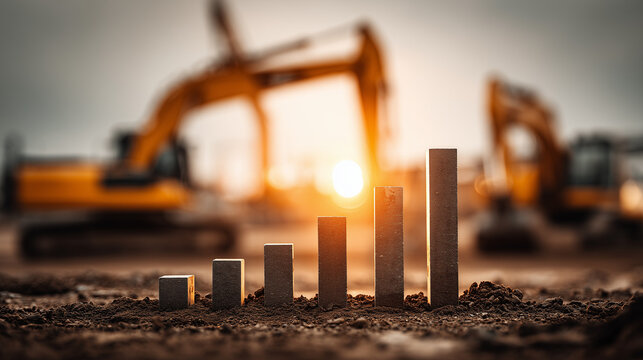 Construction progress visualization industrial site data representation evening light growth concept
