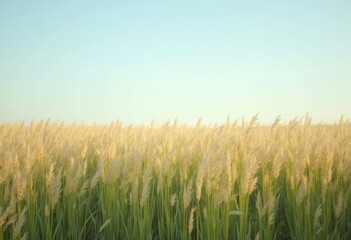 Fototapeta premium Swaying Tallgrass Prairie Under Soft Azure Sky Dynamic Windswept Scene Minimalist Aesthetics