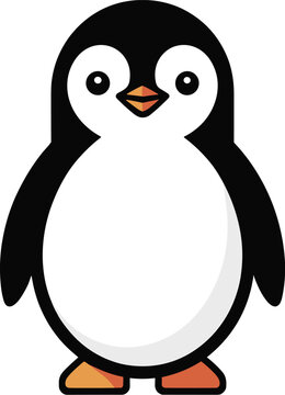 Adorable cartoon penguin character illustration, standing upright with a white belly and black wings, featuring large curious eyes and an orange beak, isolated on a light grey background. This charmin