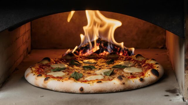 Artisanal italian pizza baking inside a traditional wood-fired stone oven