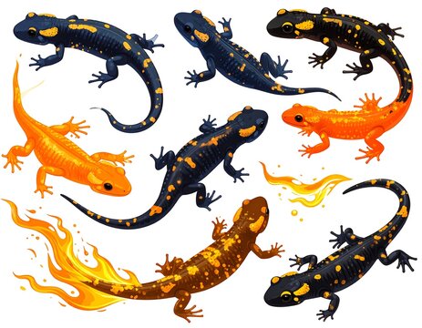 Colorful salamanders in various poses.