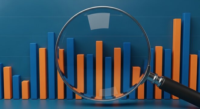 Conceptual image of a magnifying glass analyzing business bar charts, highlighting financial reporting, market research, and strategic performance assessment for insightful decision-making