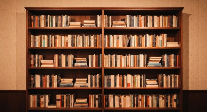 Overflowing bookcase, warm and inviting.
