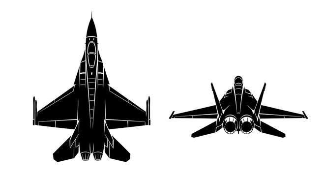 Two military fighter jets in silhouette formation against a plain background