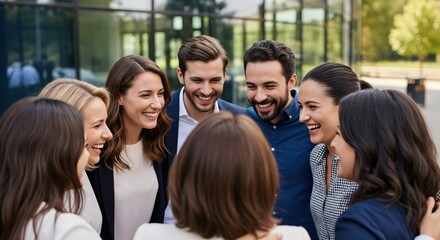Fototapeta premium Diverse Group of Young Adults Engaged in Laughter and Conversation in Outdoor Urban Setting