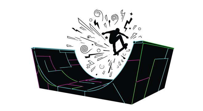 Skateboarder performs a trick inside a half pipe ramp in this dynamic line illustration.