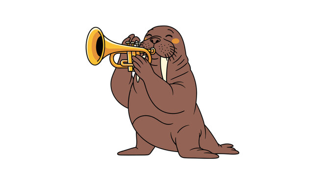 Cartoon walrus playing trumpet on white background musical performance