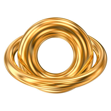 Abstract 3D render of glossy interlocking golden rings forming a complex circular metallic design element