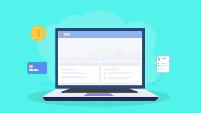 Animated laptop displaying digital payment dashboard with money icons, transaction elements, and financial interface in clean flat design on teal background.