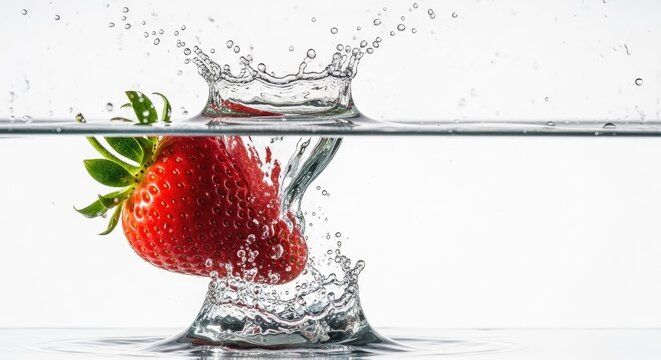 Fresh red strawberry sinking into clear liquid creating dramatic splash effect as waves ripple outward across the surface liquid motion captures the vibrant energy of healthy food falling in