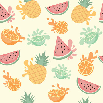Vector playful and colorful seamless pattern featuring juicy watermelon slices, fresh pineapples, zesty oranges, and vibrant limes splashed across a soft pastel background