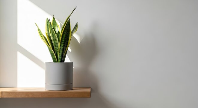 Natural snake plant thriving in a gray pot resting on a wooden shelf beside a wall with warm sunlight casting shadows to create a peaceful environment for indoor botanical home garden living