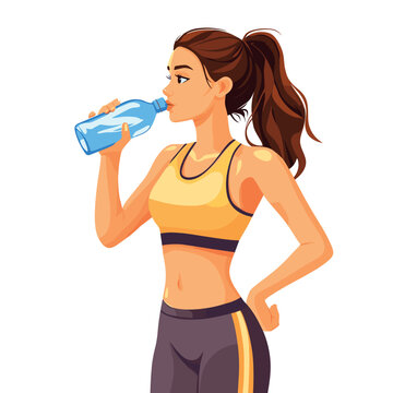 young sporty woman drinks water isolated vector illustration