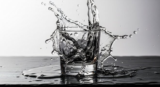Dynamic water splash in a clear glass on a dark table surface with hig