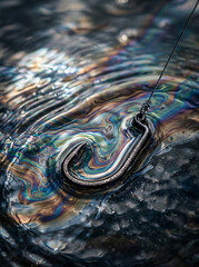 Naklejka premium Close up of a fishing hook in water with iridescent oily surface