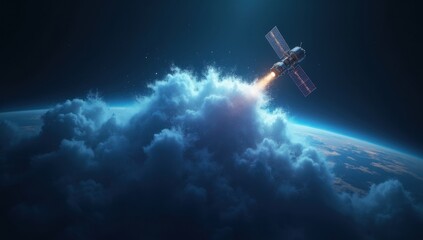 Obraz premium Nube abstracta de datos que se forma alrededor de un satélite, simbolizando la distribución de información