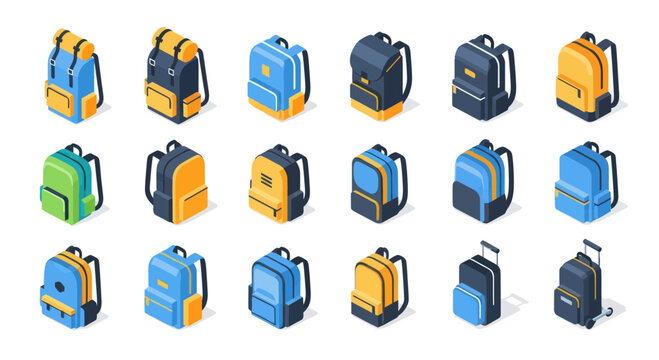Collection of Isometric Backpacks and Luggage, Various Styles and Colors