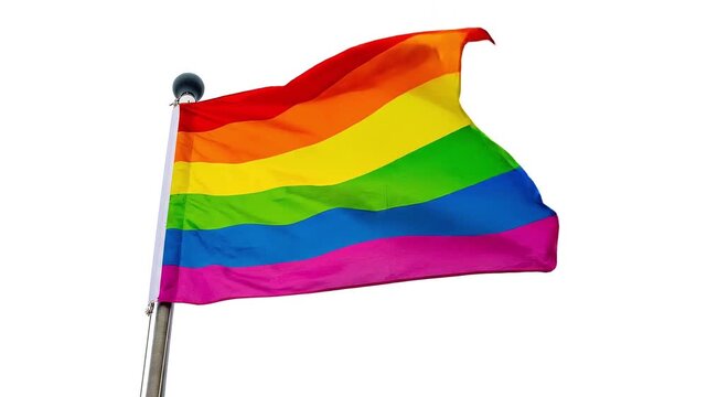 Rainbow flag on a pole floating in the wind isolated on white background, LGBTQ pride, HD video loopable seamless loop