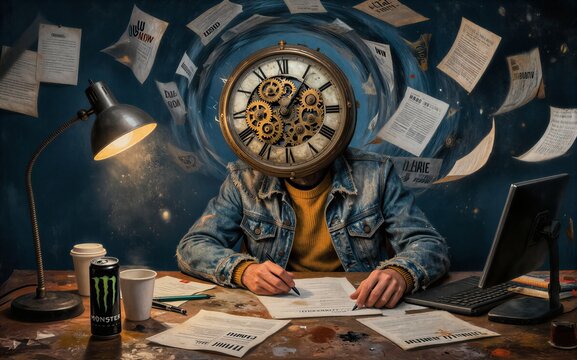 Stressed person with clock for head surrounded by papers and