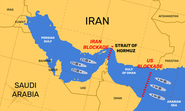 Vector Illustration of Strait of Hormuz Blockade by Iranian and US Warships