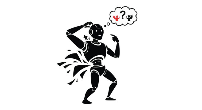 Robot appears confused while scratching its head with a thought bubble containing question marks and conflicting symbols above its head.
