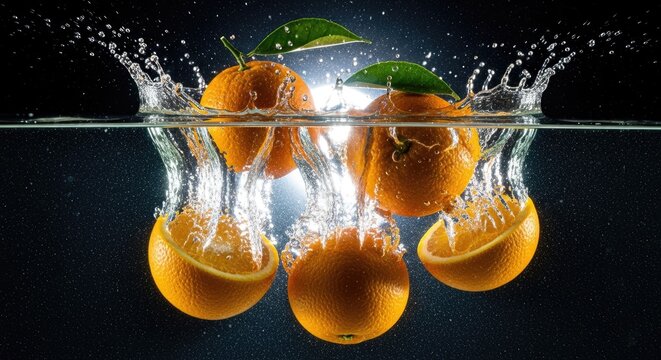 Fresh oranges plunging into clear water causing energetic splashes on a dark surface while fruit nutrients and vitamins are released into the liquid creating a dynamic display of natural food