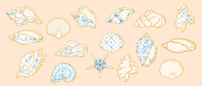 A collection of white shells with azulejo patterns. A beautiful seashell with a gold border. 16 vector elements. Hand-drawn blue Portuguese ocean motifs.