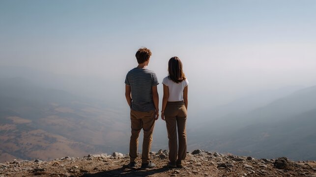 A couple stands on a high vantage point overlooking a vast hazy panorama of distant mountains and rolling hills