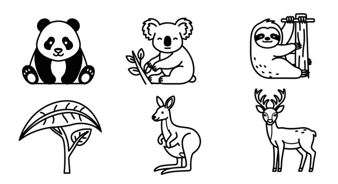 Black and white animal icons panda koala sloth leaf kangaroo deer