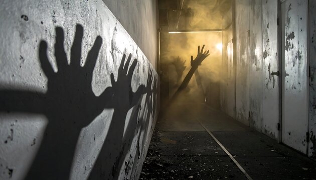 Hands reach out from shadows in a dimly lit abandoned hallway towards light