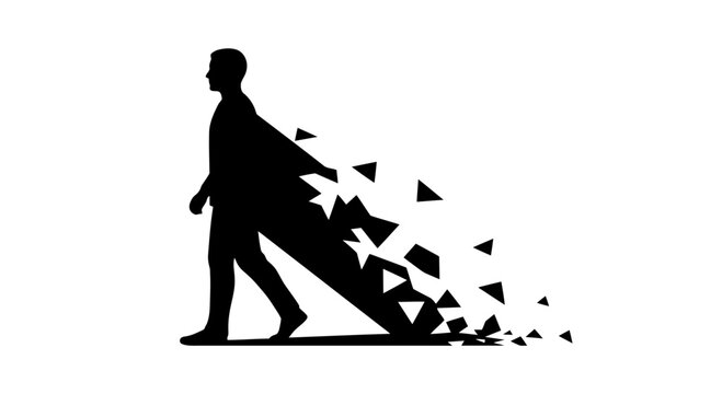 Silhouette of a person breaking apart into geometric shapes, abstract concept of fragmentation