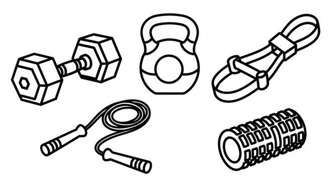 Fitness equipment vector illustration dumbbell kettlebell resistance band roller
