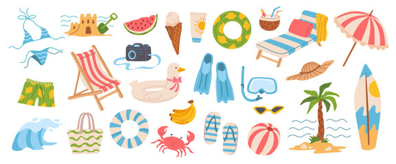 Colorful summer beach stickers set. Cartoon flat ocean vacation items swim ring, surfboard, chair, bikini, flip flops and umbrella. Relaxing beach accessories vector illustration © ksania