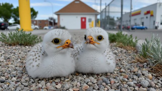 Pair of fluffy white falcon chicks sitting on gravel and looking at the camera in an urban environment