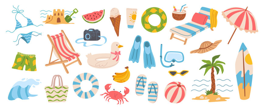 Colorful summer beach stickers set. Cartoon flat ocean vacation items swim ring, surfboard, chair, bikini, flip flops and umbrella. Relaxing beach accessories vector illustration