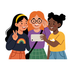 Obraz premium Diverse women friends taking selfie together flat design vector illustration