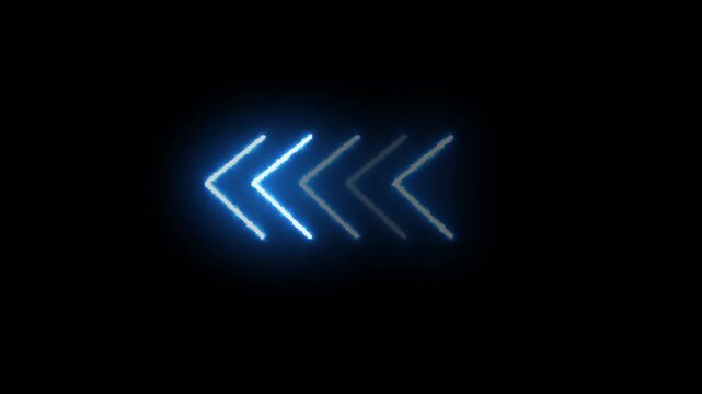 Abstract neon flashing light back arrow loading animation. Left arrow for road direction. Abstract beautiful color neon left side animation. neon arrow moving left on black background.