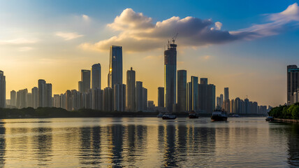 Obraz premium A panoramic cityscape photograph captures Baku's skyline at sunset over water